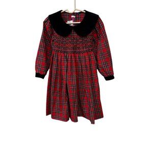 CC Bates Girls Red Plaid Smocked Dress With Black Velvet Collar size small
